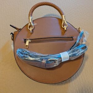 Chic Brown Round Crossbody Bag with Gold Details